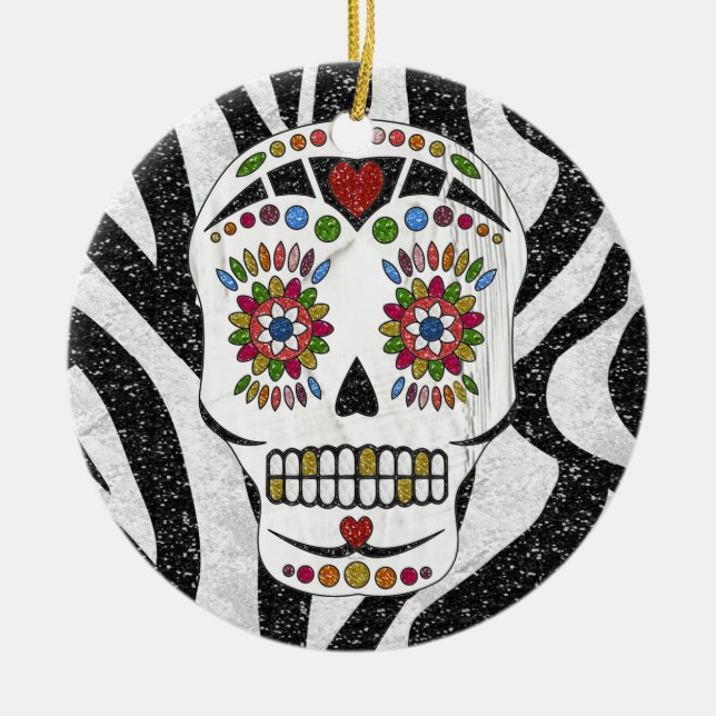 RAB Rockabilly Sugar Skull on Zebra Print Ceramic Tree Decoration (Front)