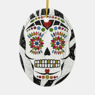 RAB Rockabilly Sugar Skull on Zebra Print Ceramic Tree Decoration