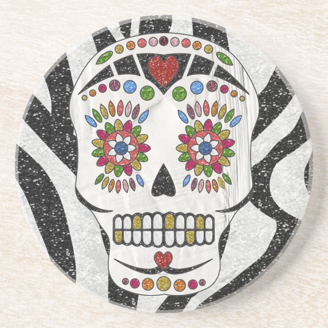 RAB Rockabilly Sugar Skull on Zebra Print Coaster (Front)