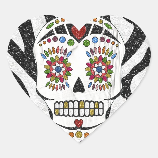 RAB Rockabilly Sugar Skull on Zebra Print Heart Sticker (Front)