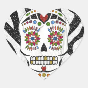 RAB Rockabilly Sugar Skull on Zebra Print Heart Sticker