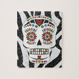 RAB Rockabilly Sugar Skull on Zebra Print Jigsaw Puzzle