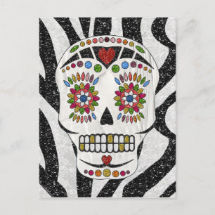 RAB Rockabilly Sugar Skull on Zebra Print Postcard