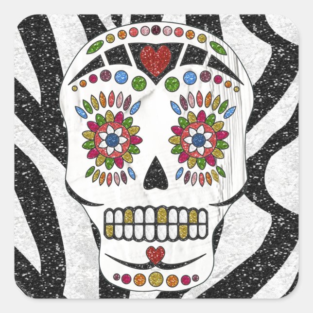 RAB Rockabilly Sugar Skull on Zebra Print Square Sticker (Front)