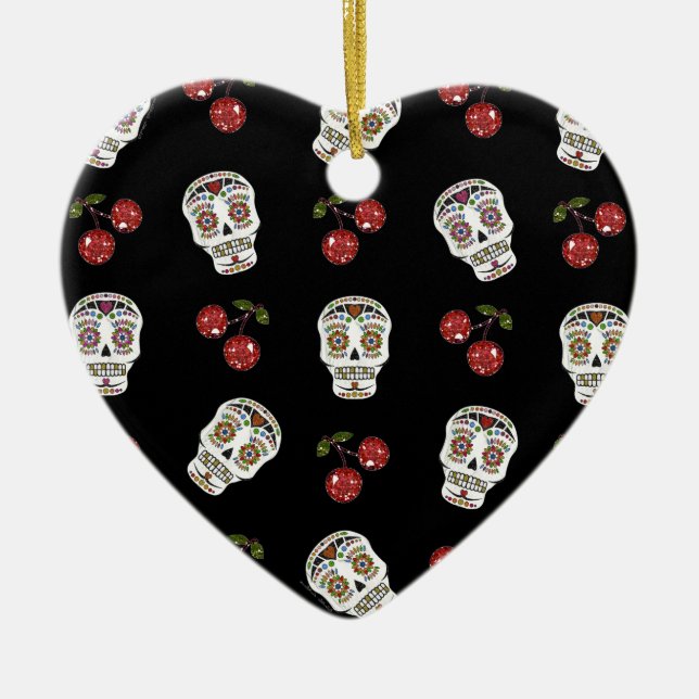 RAB Rockabilly Sugar Skulls Cherries On Black Ceramic Tree Decoration (Front)