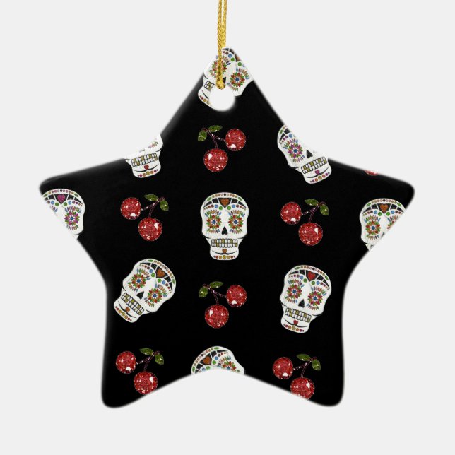 RAB Rockabilly Sugar Skulls Cherries On Black Ceramic Tree Decoration (Front)