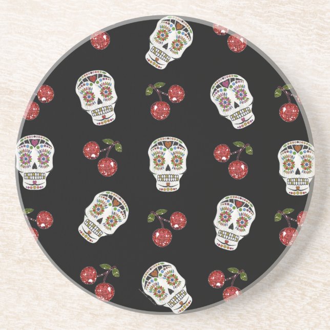 RAB Rockabilly Sugar Skulls Cherries On Black Coaster (Front)