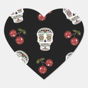 RAB Rockabilly Sugar Skulls Cherries On Black Heart Sticker