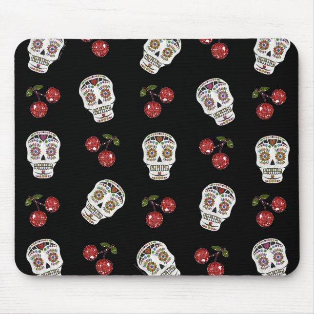 RAB Rockabilly Sugar Skulls Cherries On Black Mouse Mat (Front)