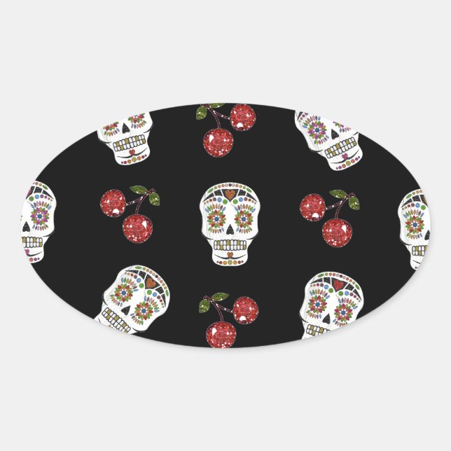 RAB Rockabilly Sugar Skulls Cherries On Black Oval Sticker (Front)