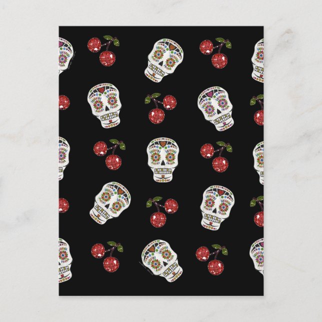 RAB Rockabilly Sugar Skulls Cherries On Black Postcard (Front)