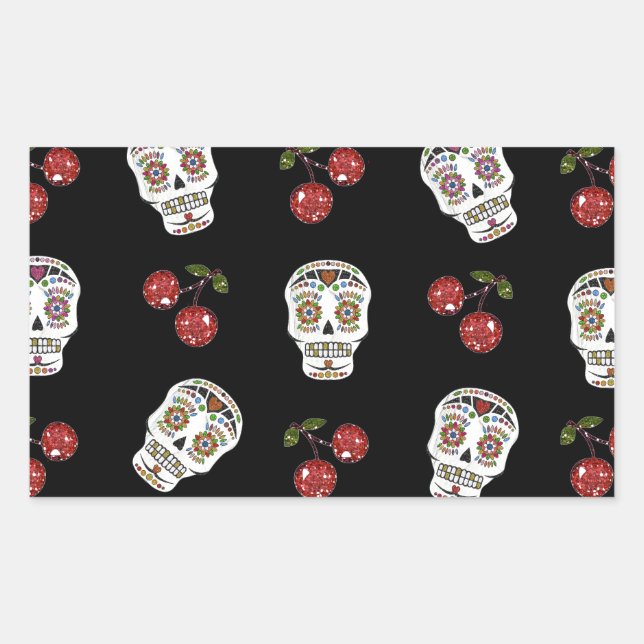 RAB Rockabilly Sugar Skulls Cherries On Black Rectangular Sticker (Front)