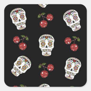 RAB Rockabilly Sugar Skulls Cherries On Black Square Sticker