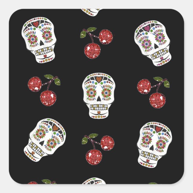 RAB Rockabilly Sugar Skulls Cherries On Black Square Sticker (Front)