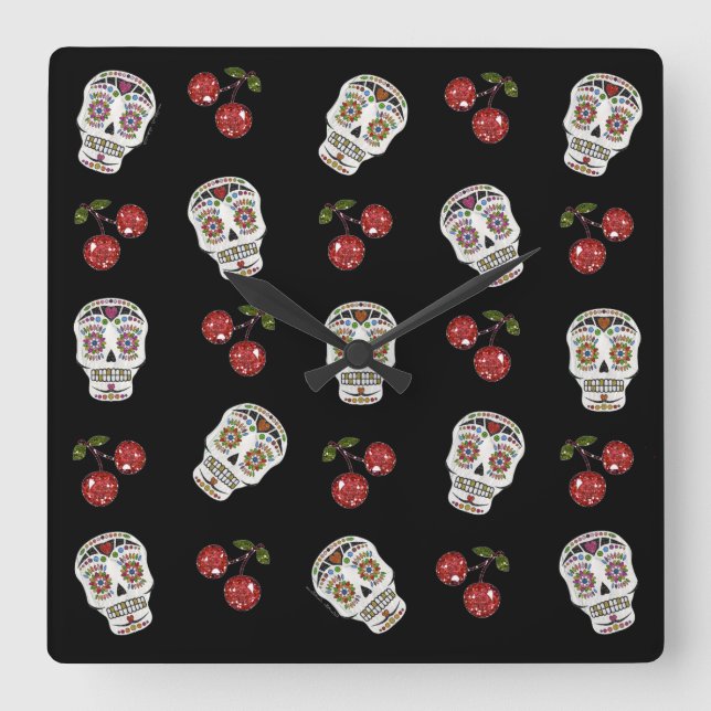 RAB Rockabilly Sugar Skulls Cherries On Black Square Wall Clock (Front)