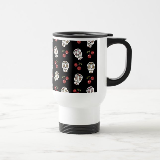 RAB Rockabilly Sugar Skulls Cherries On Black Travel Mug (Right)
