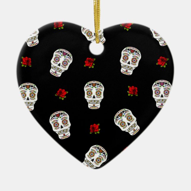 RAB Rockabilly Sugar Skulls Roses On Black Ceramic Tree Decoration (Front)
