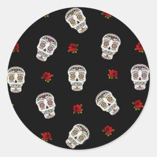 RAB Rockabilly Sugar Skulls Roses On Black Classic Round Sticker