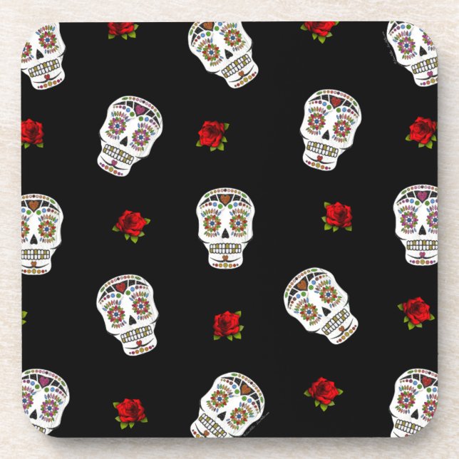 RAB Rockabilly Sugar Skulls Roses On Black Coaster (Front)