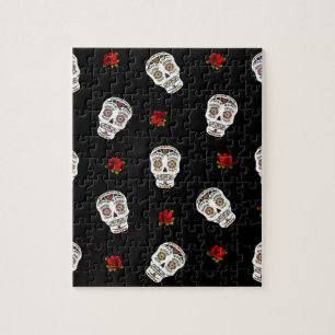 RAB Rockabilly Sugar Skulls Roses On Black Jigsaw Puzzle