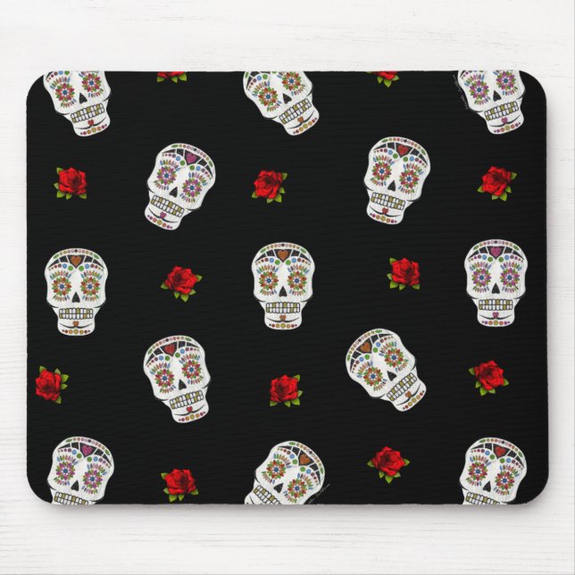 RAB Rockabilly Sugar Skulls Roses On Black Mouse Mat (Front)