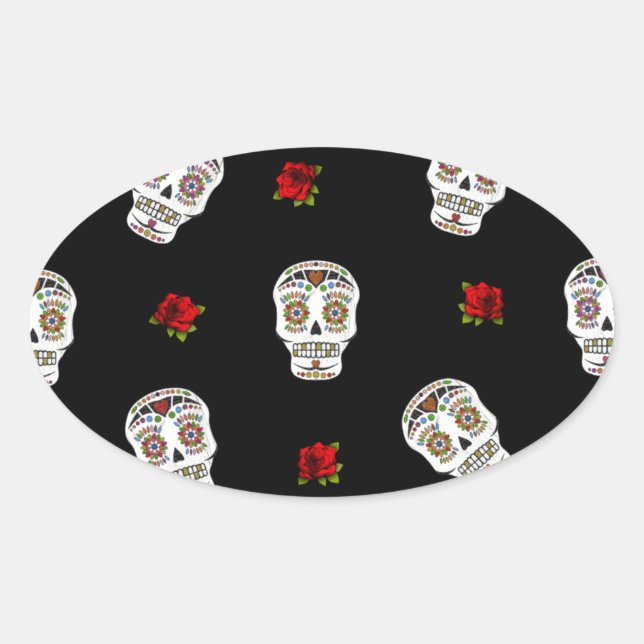 RAB Rockabilly Sugar Skulls Roses On Black Oval Sticker (Front)