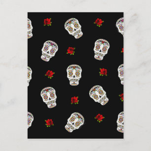 RAB Rockabilly Sugar Skulls Roses On Black Postcard