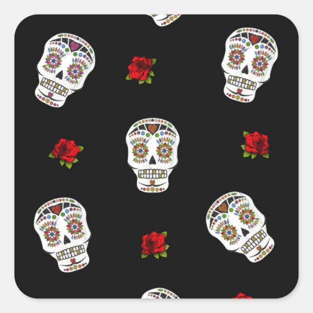 RAB Rockabilly Sugar Skulls Roses On Black Square Sticker (Front)