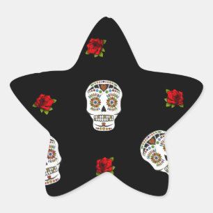 RAB Rockabilly Sugar Skulls Roses On Black Star Sticker