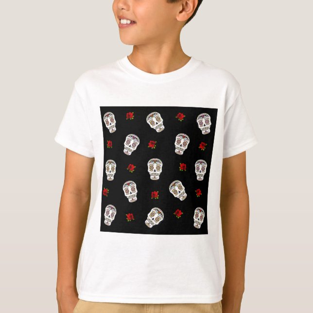 RAB Rockabilly Sugar Skulls Roses On Black T-Shirt (Front)