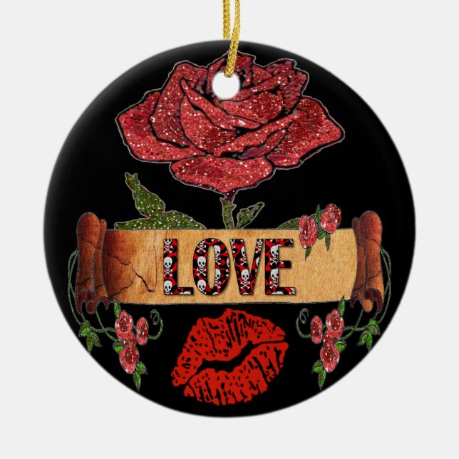 RAB Rockabilly Valentine Roses, Love & Lipstick Ceramic Tree Decoration (Front)