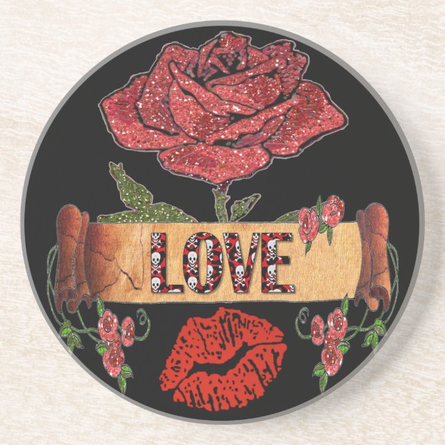 RAB Rockabilly Valentine Roses, Love & Lipstick Coaster (Front)