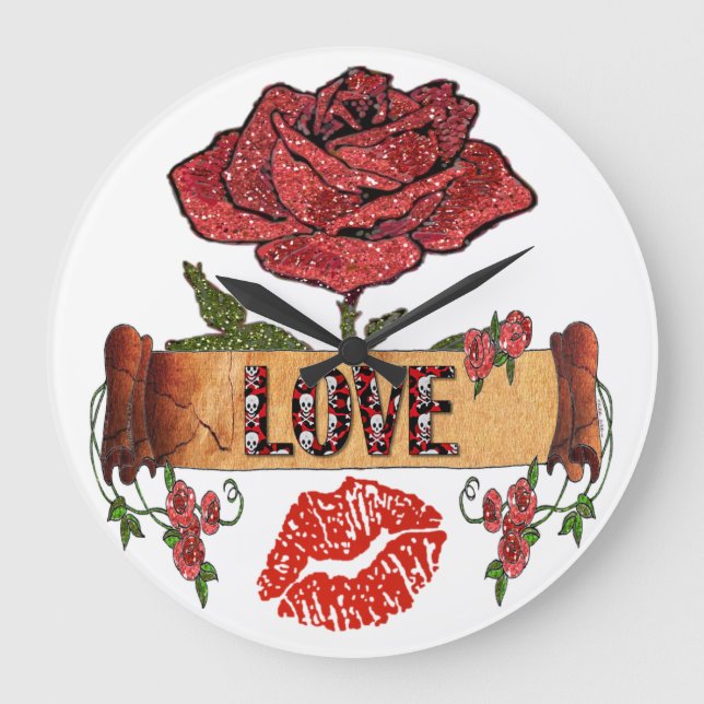 RAB Rockabilly Valentine Roses, Love & Lipstick Large Clock (Front)