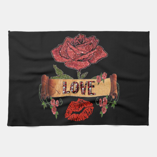 RAB Rockabilly Valentine Roses, Love & Lipstick Tea Towel (Horizontal)