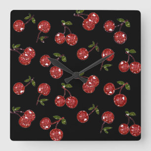 RAB Rockabilly Very Cherry Cherries On Black Square Wall Clock