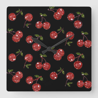 RAB Rockabilly Very Cherry Cherries On Black Square Wall Clock