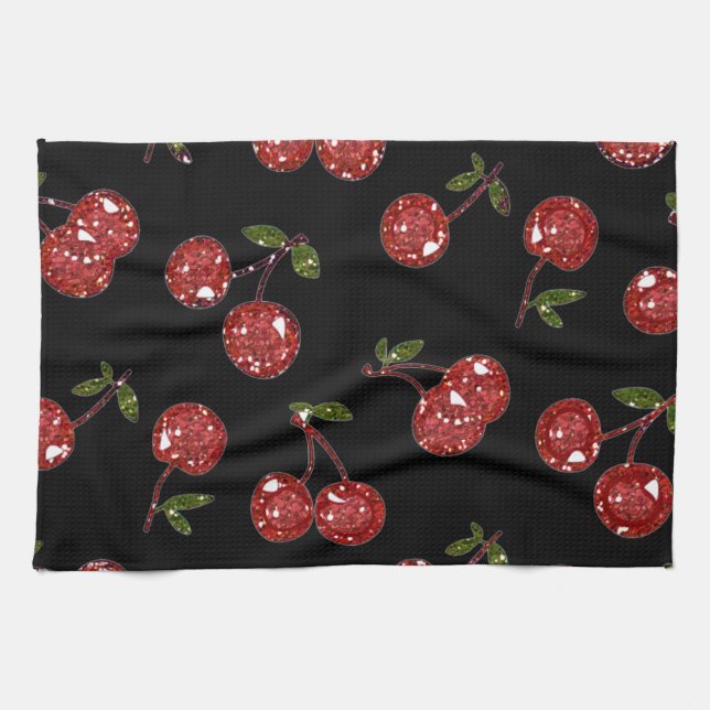 RAB Rockabilly Very Cherry Cherries On Black Tea Towel (Horizontal)