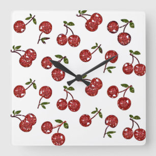 RAB Rockabilly Very Cherry Cherries On White Square Wall Clock