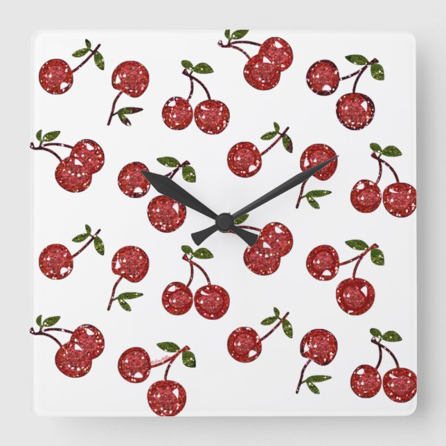 RAB Rockabilly Very Cherry Cherries On White Square Wall Clock (Front)