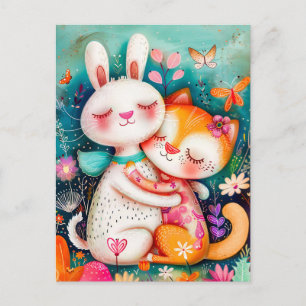 Rabbit and Cat Hugging each other with butterflys Postcard