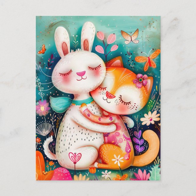 Rabbit and Cat Hugging each other with butterflys  Postcard (Front)