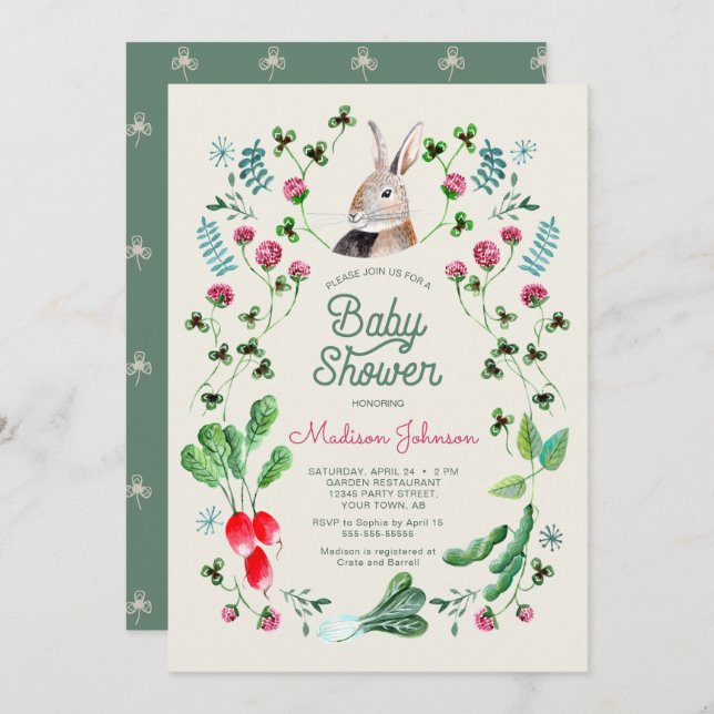 Rabbit and clover botanical invitation (Front/Back)