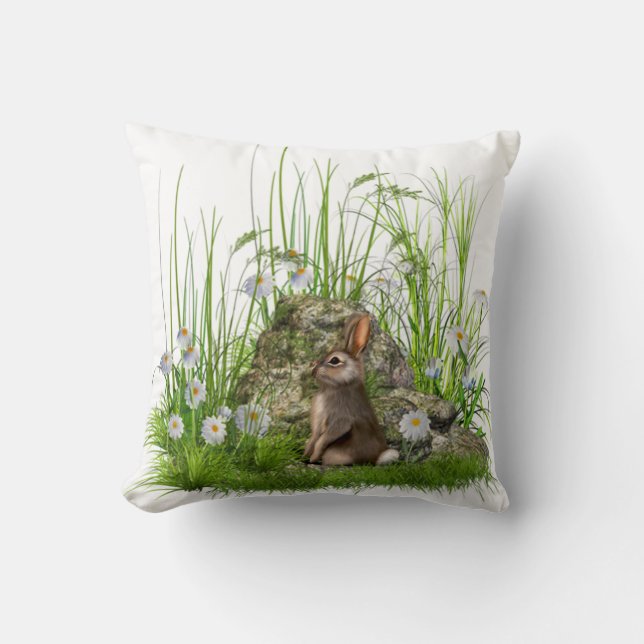 rabbit and daisies in long grass pillow cushion (Front)