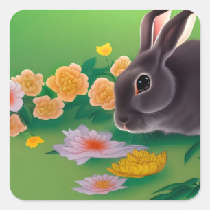Rabbit and Flowers Square Sticker