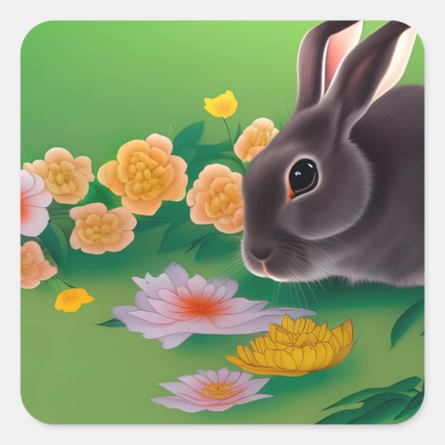 Rabbit and Flowers Square Sticker (Front)