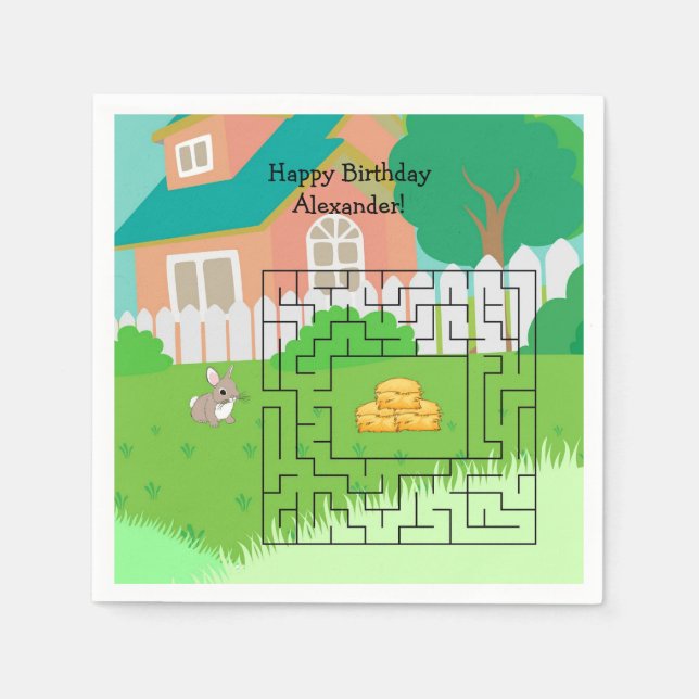 Rabbit and Hay Birthday Maze Paper Napkins (Front)