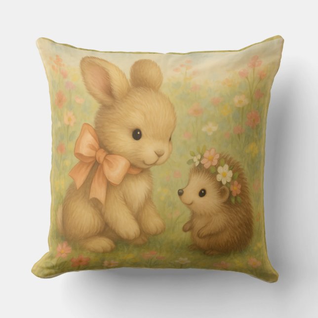  Rabbit and Hedgehog in Floral Wreath, Watercolor  Cushion (Front)