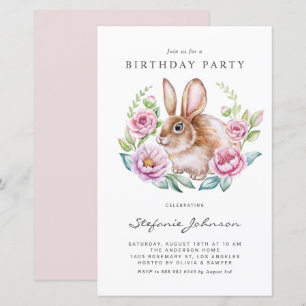 Rabbit and Pink Flowers Birthday Party Invitation