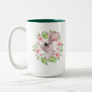 Rabbit and pink flowers Two-Tone coffee mug