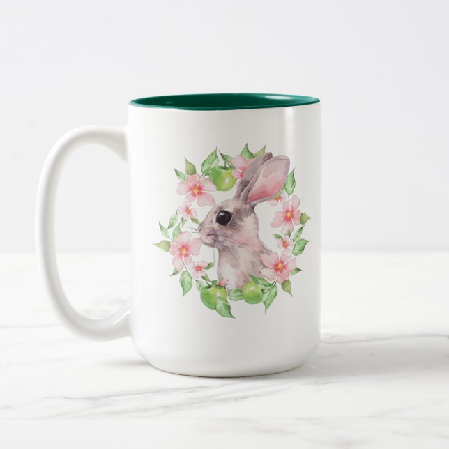 Rabbit and pink flowers Two-Tone coffee mug (Left)